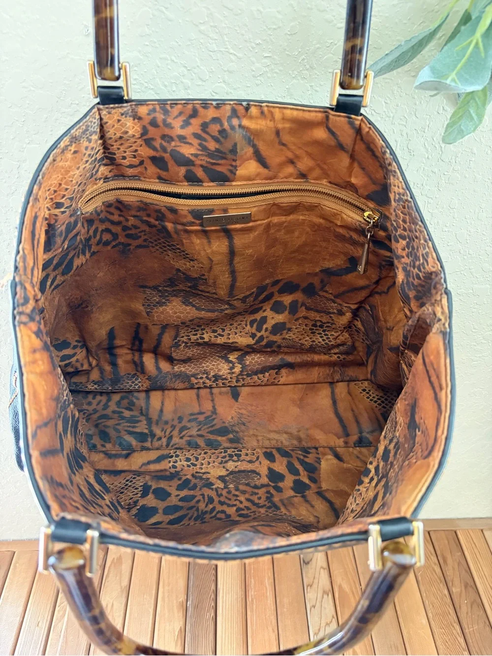 Plinio Visona Black Italian Leather Tote Bag, Tortoise Handles Leopard Interior